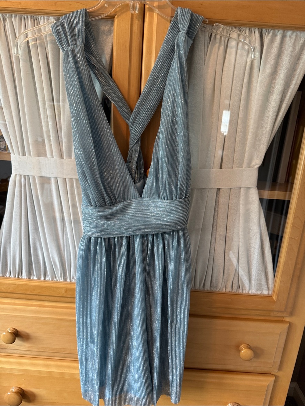 Lulu's Shimmery Light Blue Pleated V-Neck Midi Dress